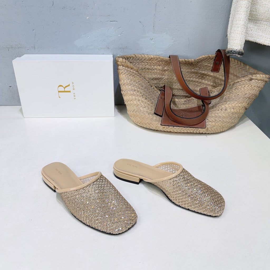 THE ROW 26S MULE FLATS IN BEIGE MESH FABRIC