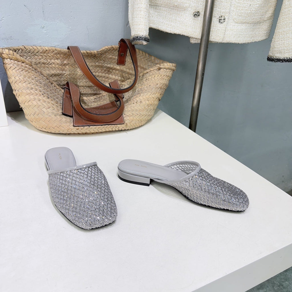 THE ROW 26S MULE FLATS IN GREY MESH FABRIC