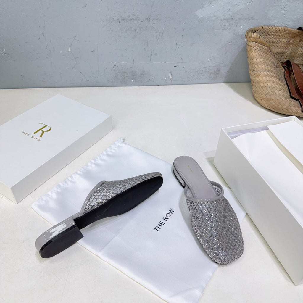 THE ROW 26S MULE FLATS IN GREY MESH FABRIC