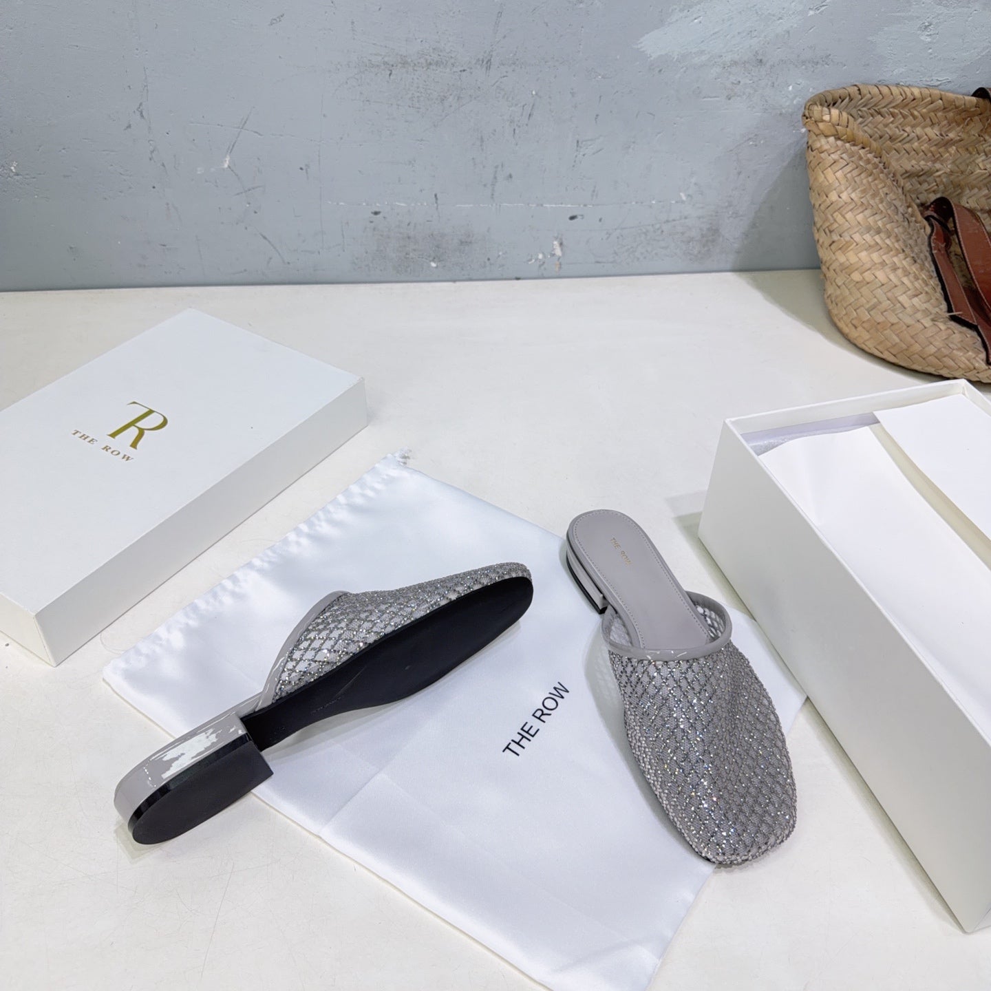 THE ROW 26S MULE FLATS IN GREY MESH FABRIC