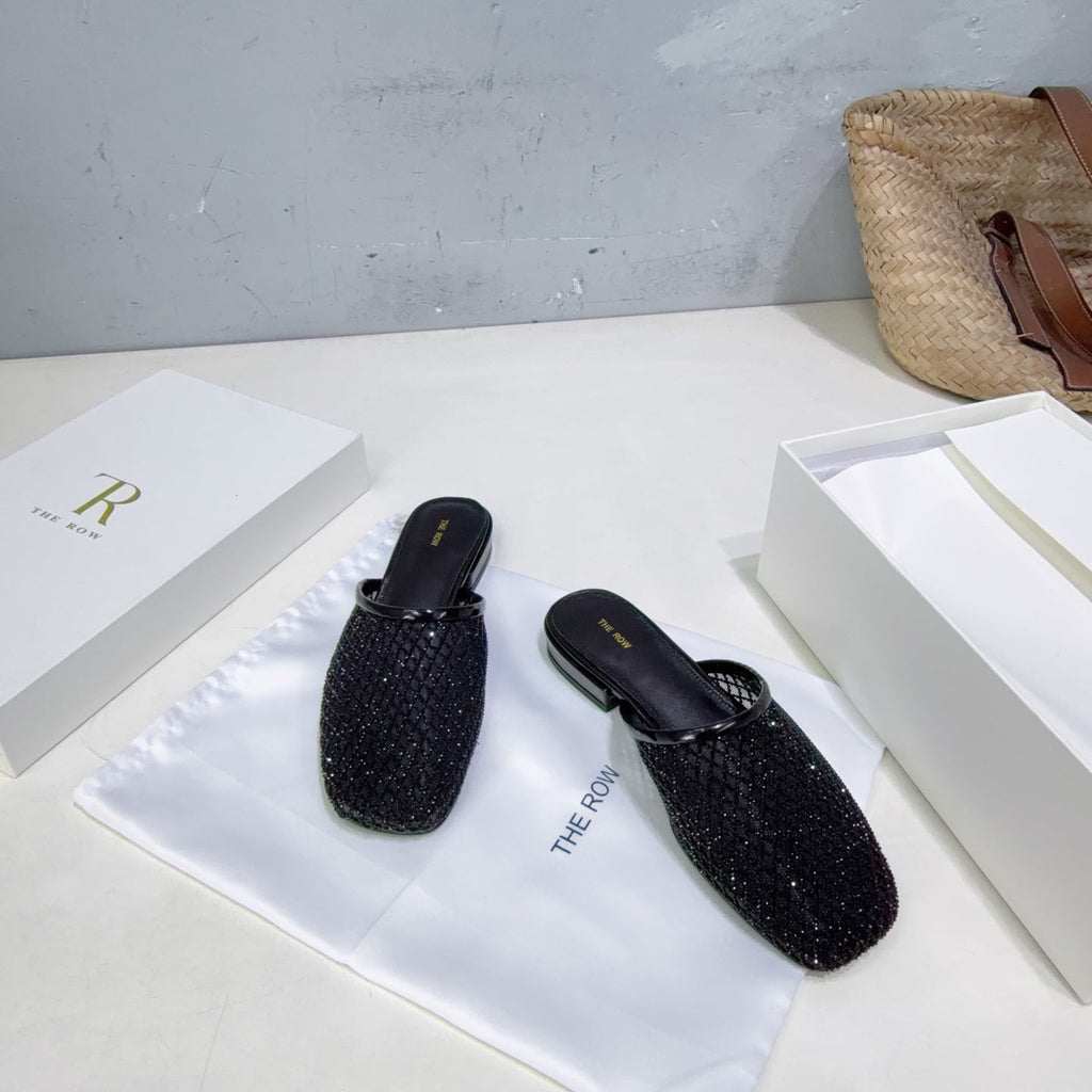 THE ROW 26S MULE FLATS IN BLACK MESH FABRIC