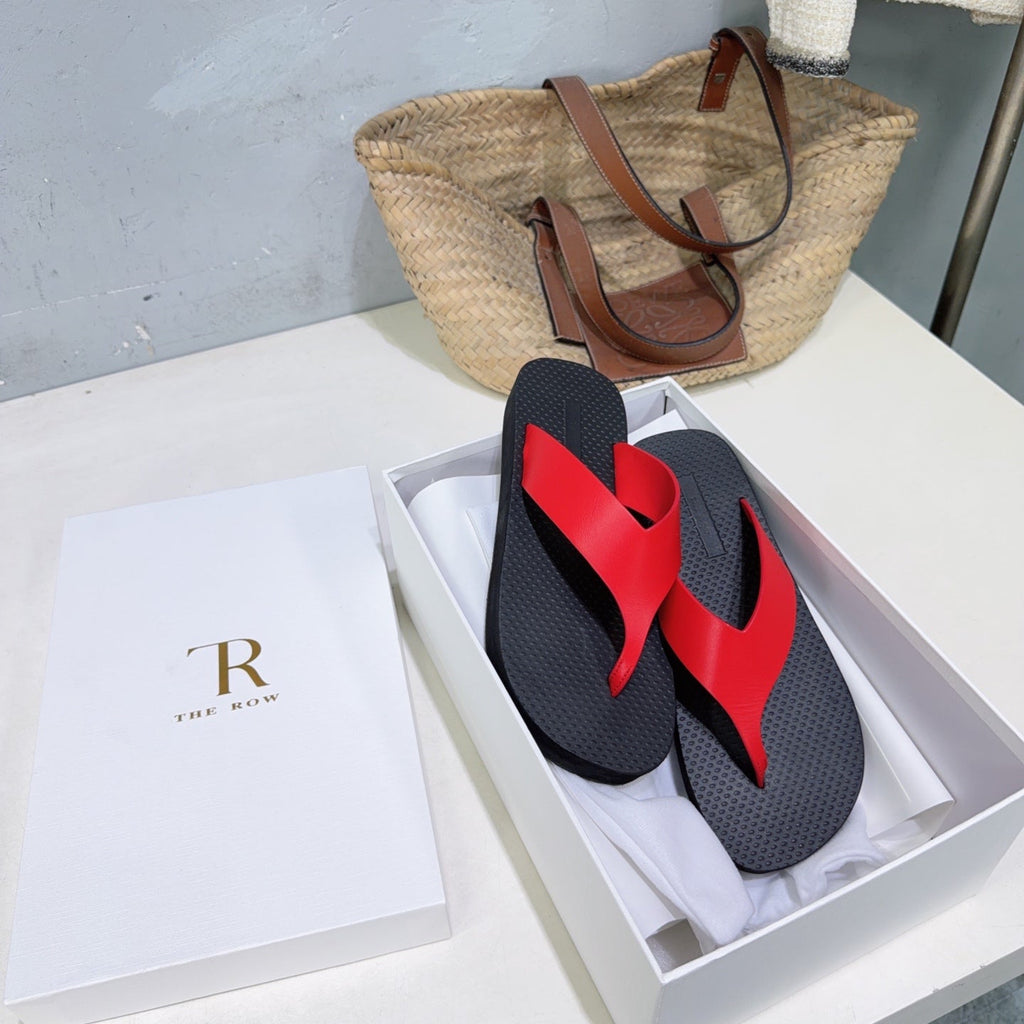 THE ROW 26S THONG SANDALS IN BLACK RUBBER  WITH RED STRAPS CALFSKIN