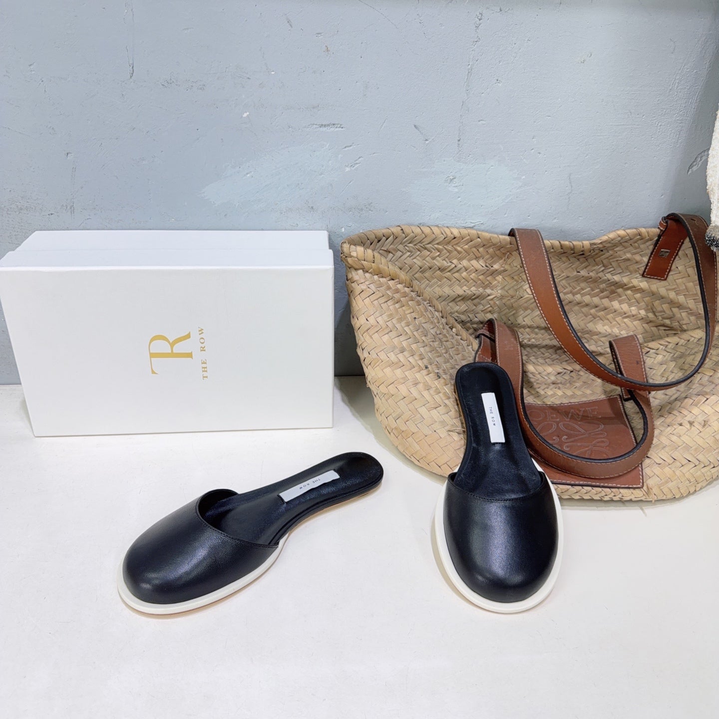 THE ROW 26S ROUND TOE MULE FLATS IN BLACK SMOOTH CALFSKIN