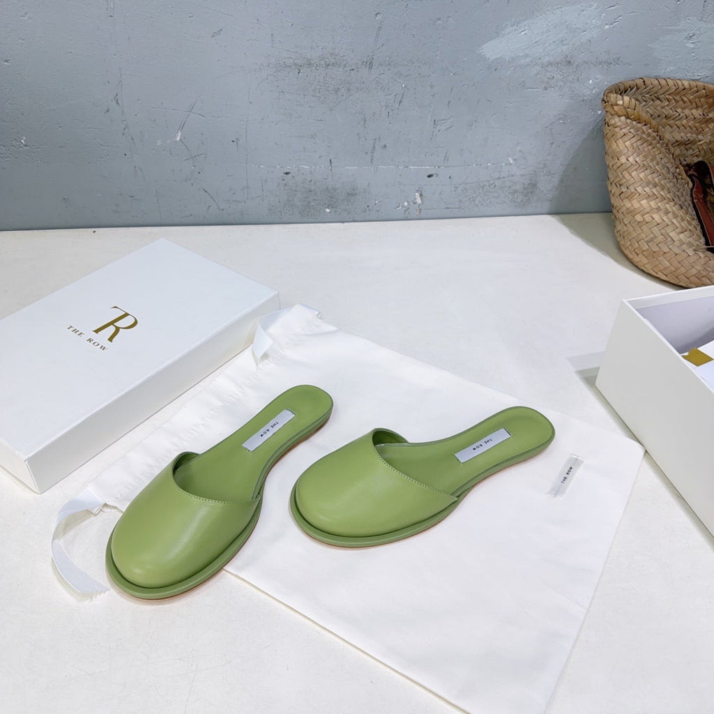 THE ROW 26S ROUND TOE MULE FLATS IN SAGE GREEN SMOOTH CALFSKIN