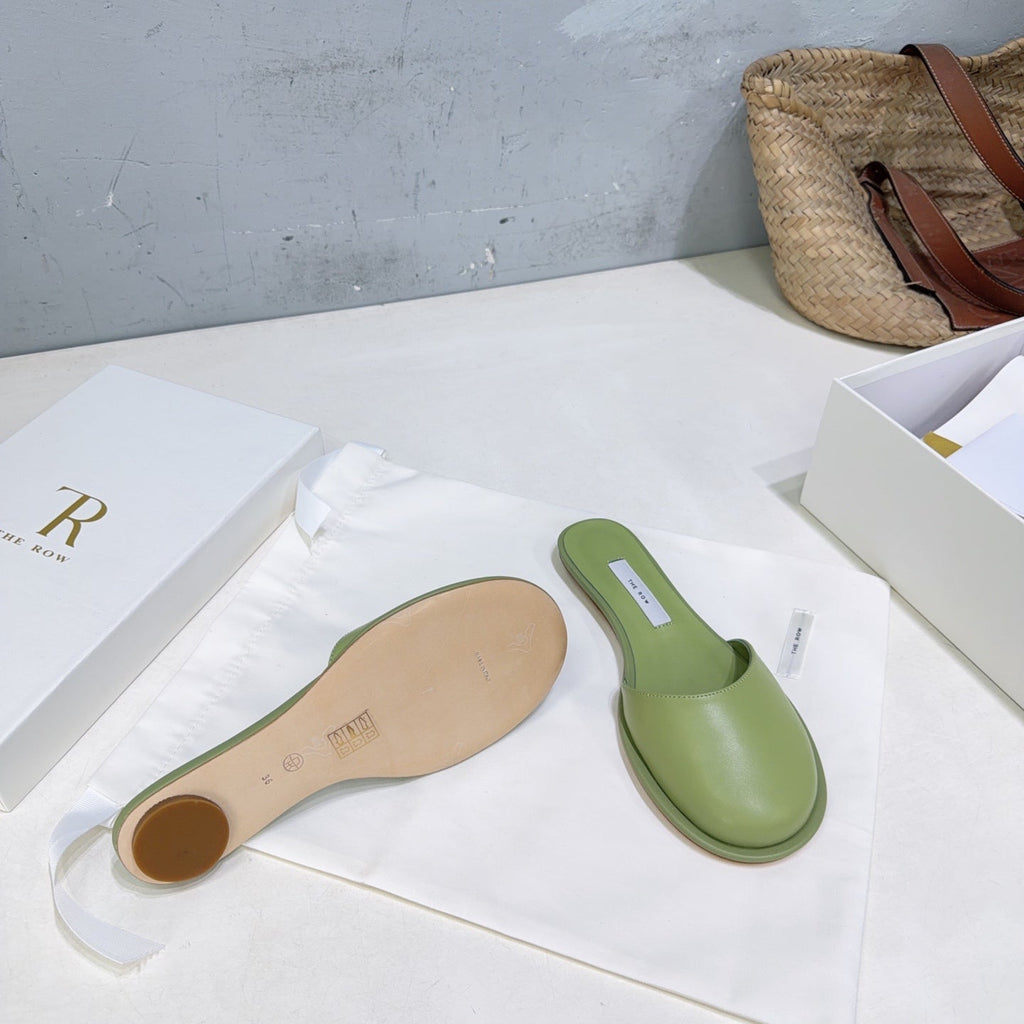 THE ROW 26S ROUND TOE MULE FLATS IN SAGE GREEN SMOOTH CALFSKIN