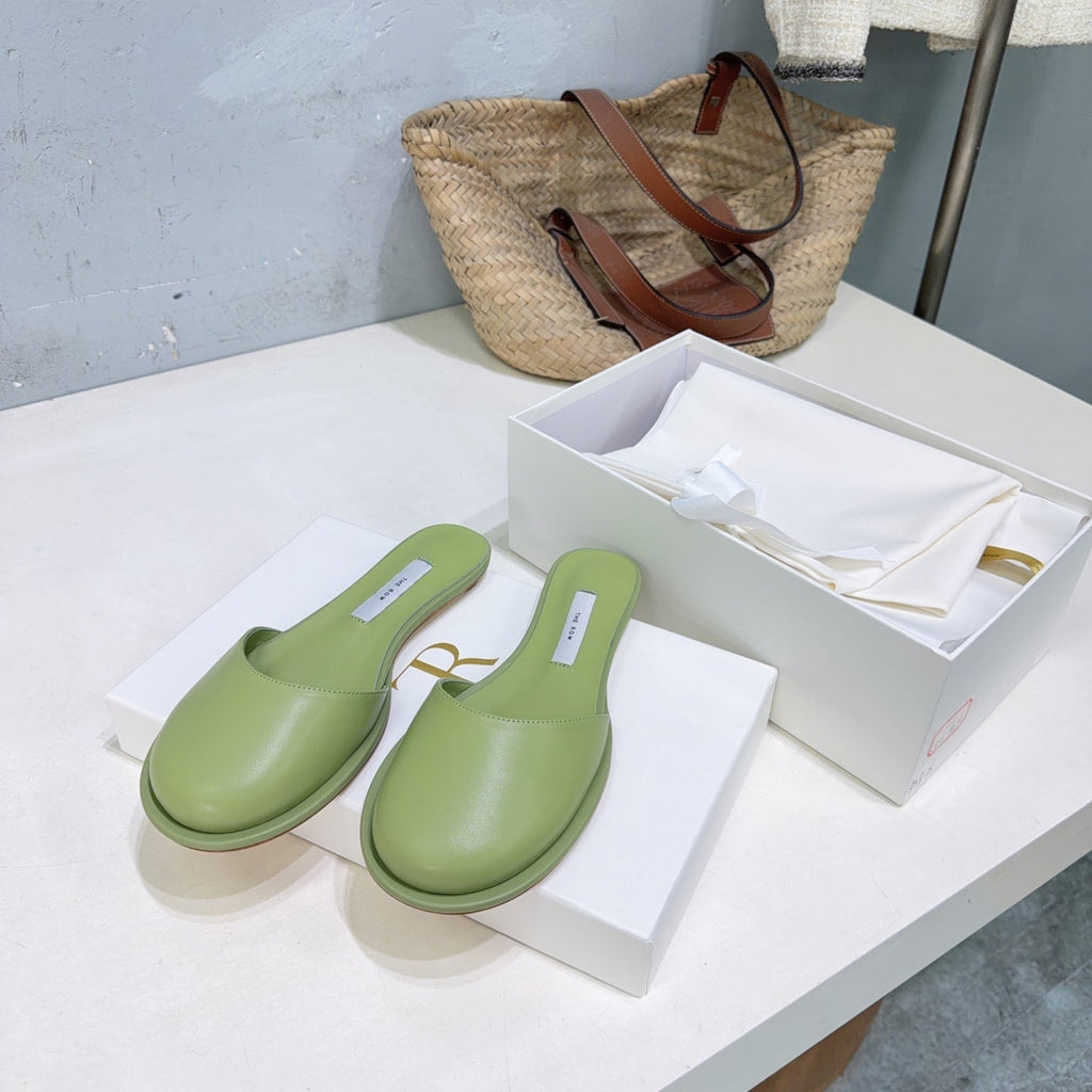 THE ROW 26S ROUND TOE MULE FLATS IN SAGE GREEN SMOOTH CALFSKIN