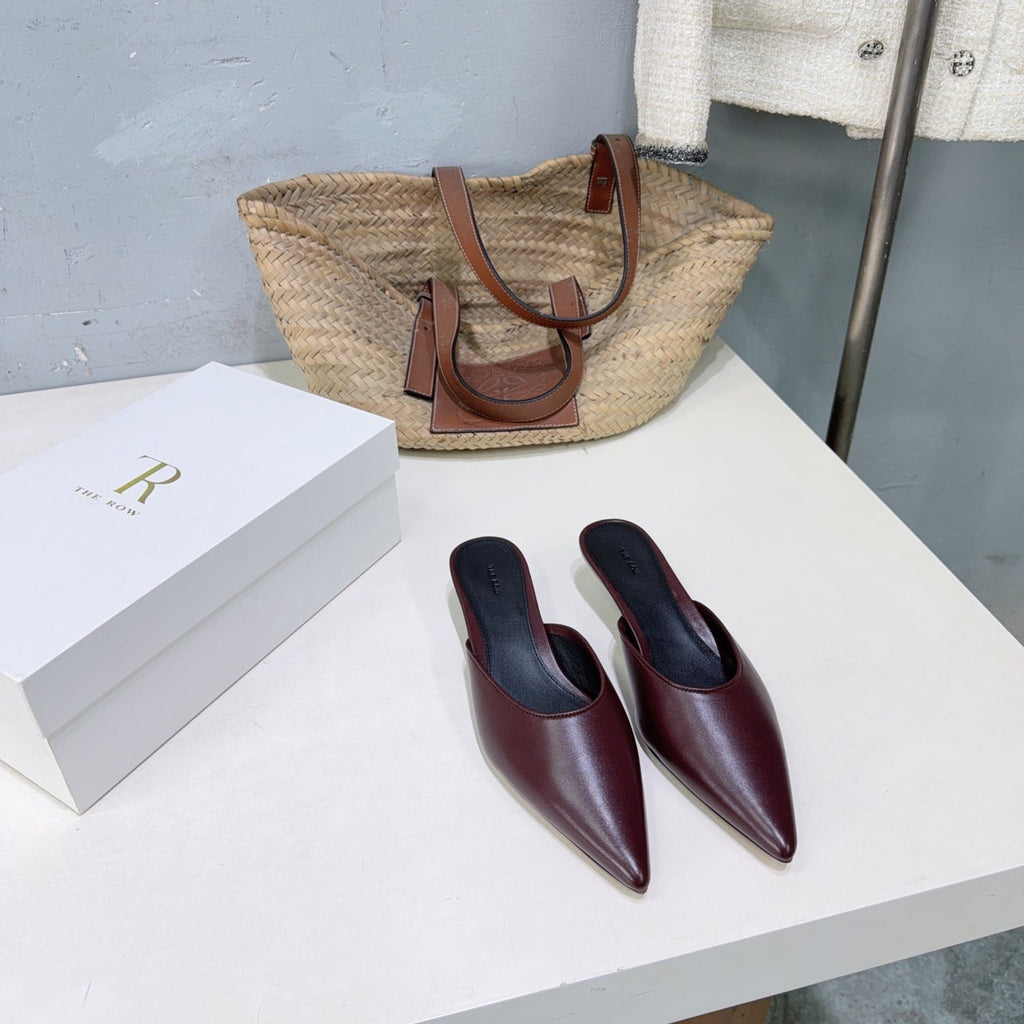 THE ROW 26S POINTED TOE MULE HEELS 35MM IN BURGUNDY RED CALFSKIN