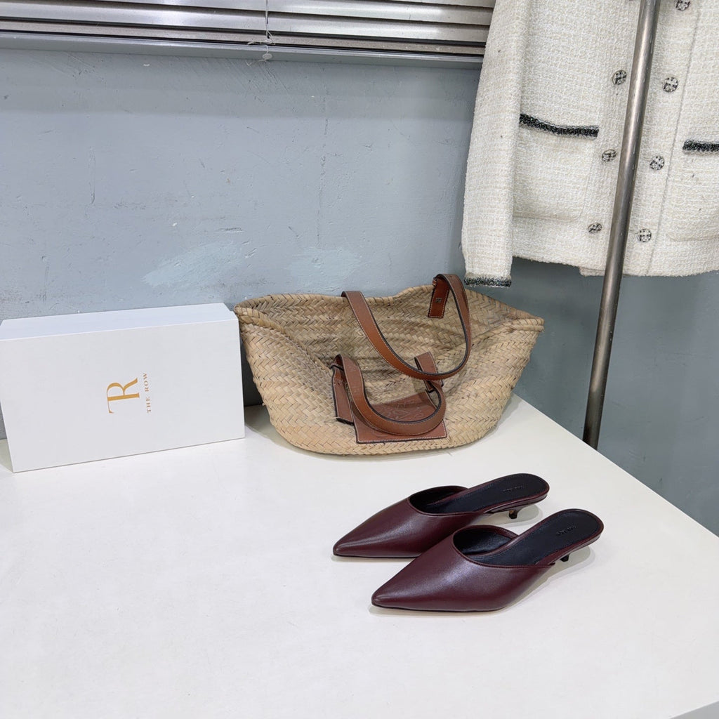 THE ROW 26S POINTED TOE MULE HEELS 35MM IN BURGUNDY RED CALFSKIN