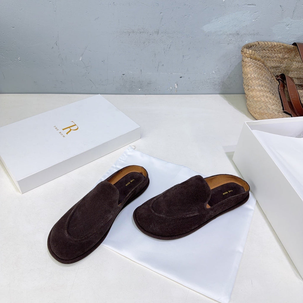 THE ROW 26S LOAFER MULES IN DARK BROWN SUEDE