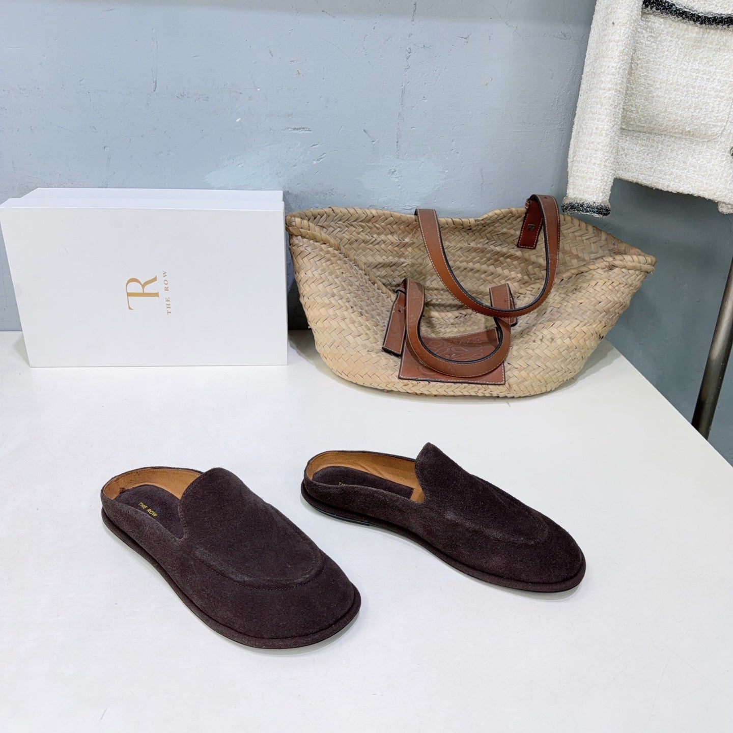 THE ROW 26S LOAFER MULES IN DARK BROWN SUEDE