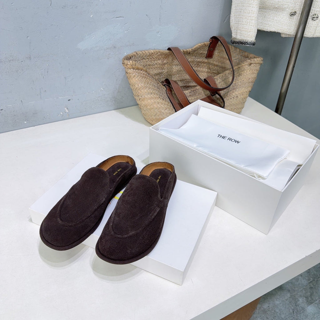 THE ROW 26S LOAFER MULES IN DARK BROWN SUEDE