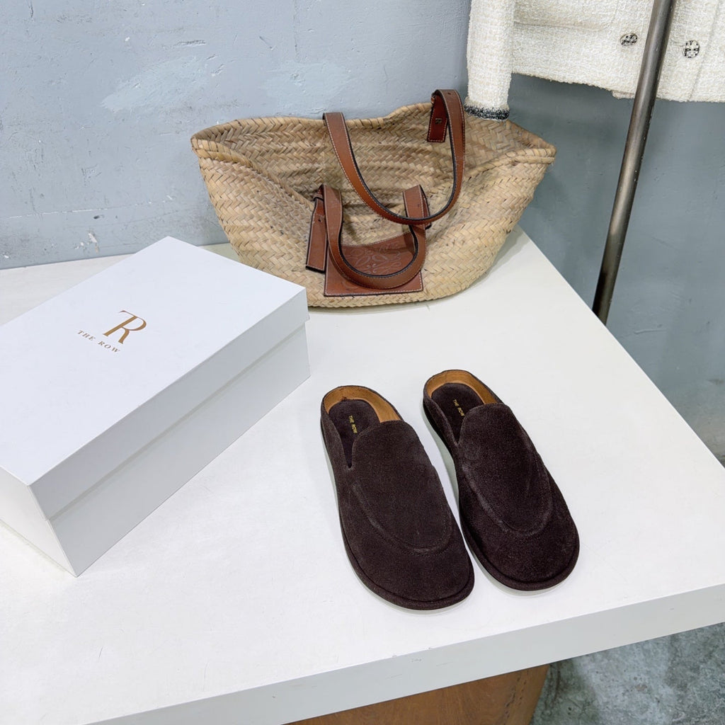 THE ROW 26S LOAFER MULES IN DARK BROWN SUEDE