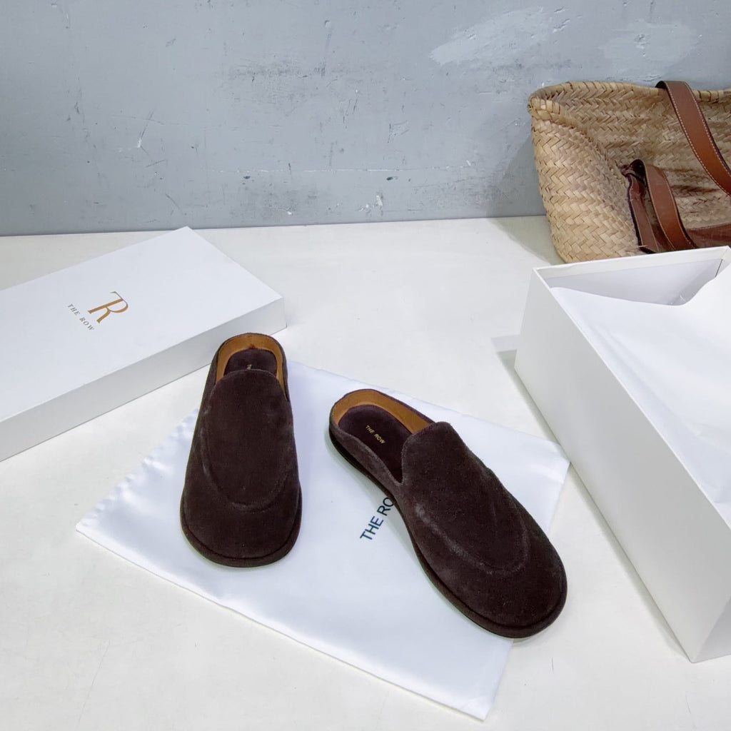 THE ROW 26S LOAFER MULES IN DARK BROWN SUEDE