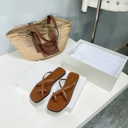 THE ROW 26S FLAT SANDALS IN CARAMEL BROWN CALFSKIN