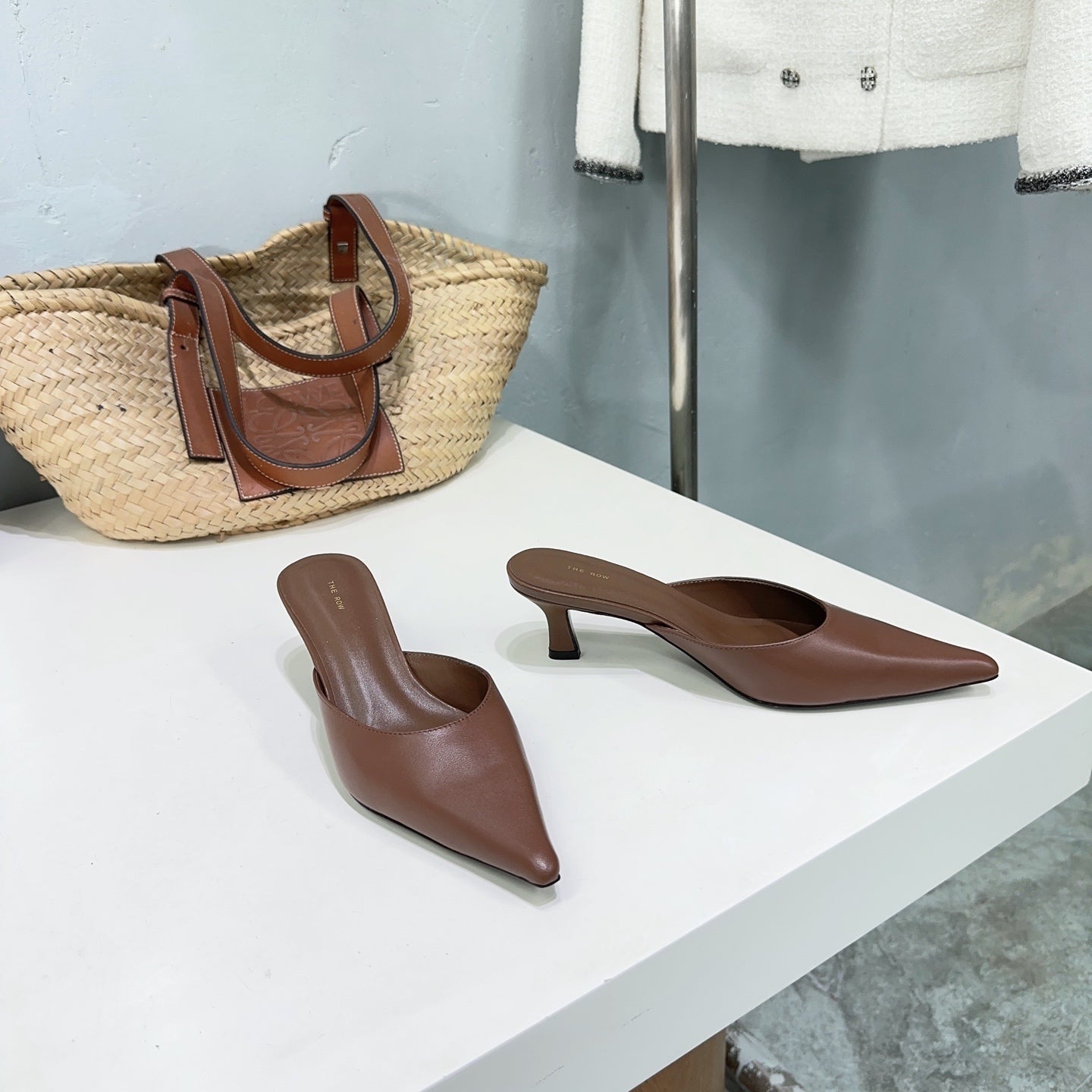 THE ROW 26S POINTED TOE MULE HEELS 45MM IN BROWN CALFSKIN