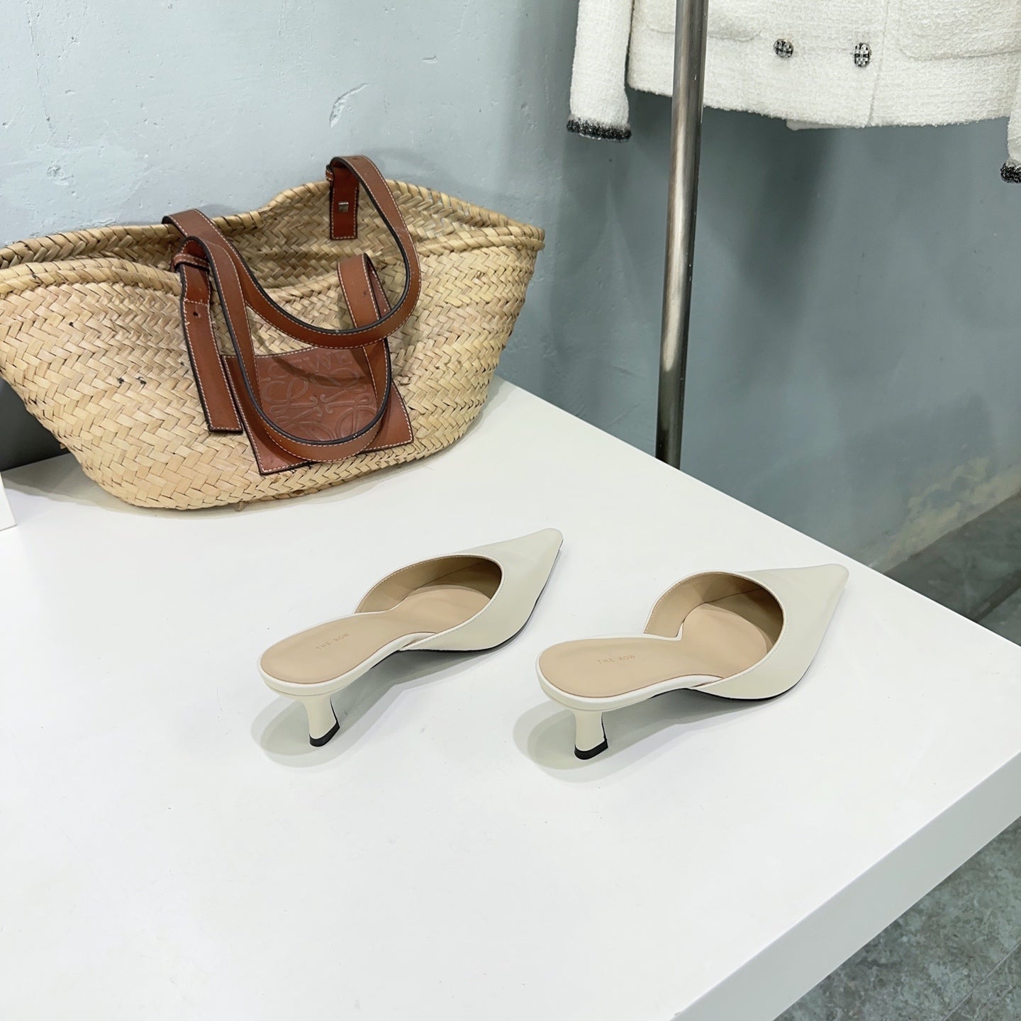 THE ROW 26S POINTED TOE MULE HEELS 45MM IN IVORY WHITE CALFSKIN