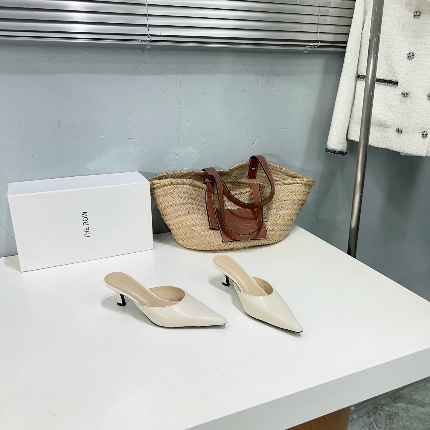 THE ROW 26S POINTED TOE MULE HEELS 45MM IN IVORY WHITE CALFSKIN