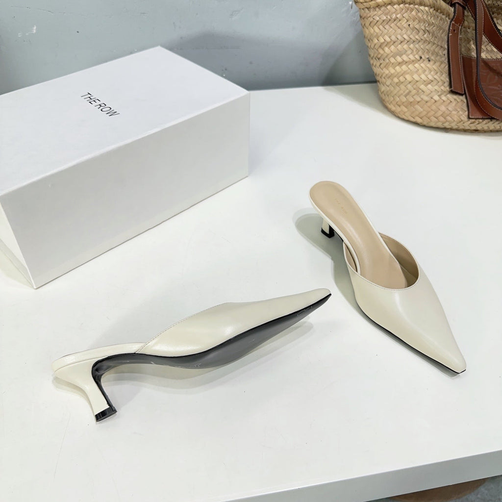 THE ROW 26S POINTED TOE MULE HEELS 45MM IN IVORY WHITE CALFSKIN