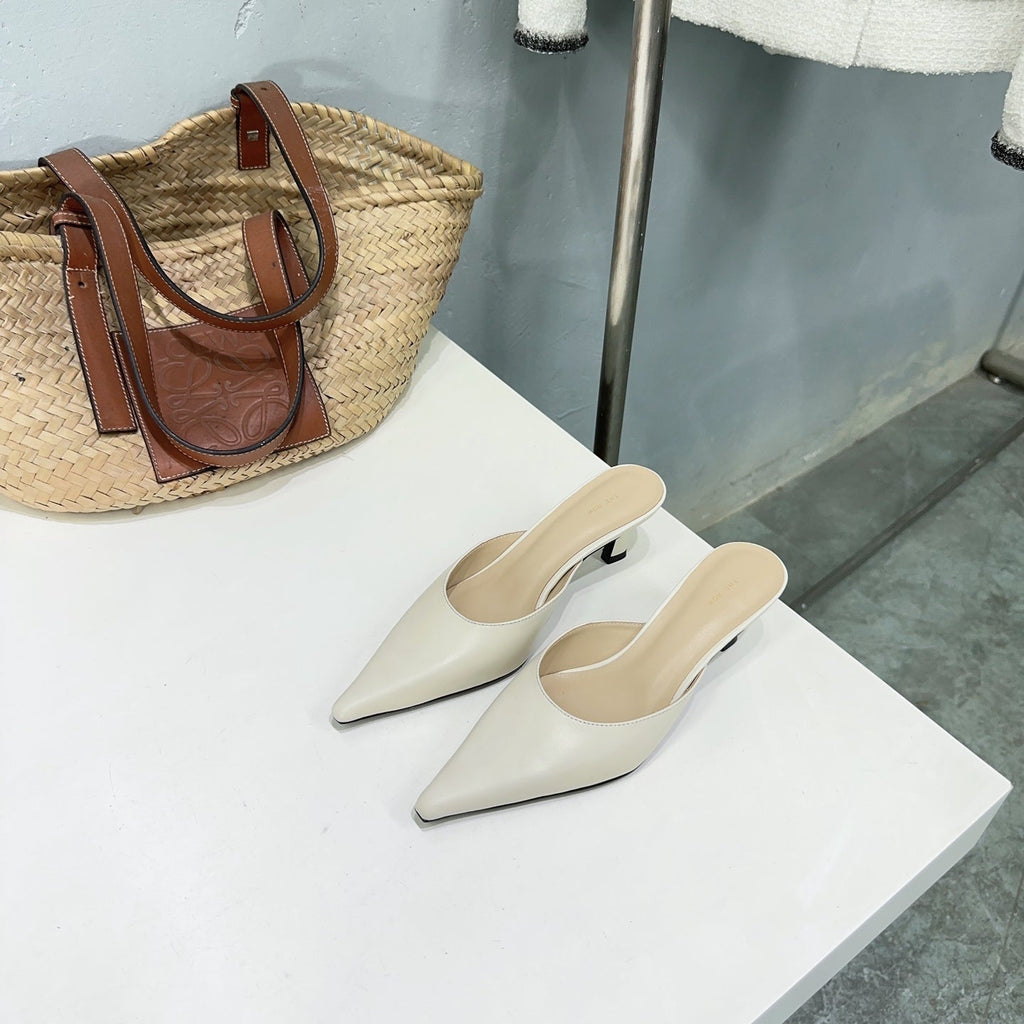 THE ROW 26S POINTED TOE MULE HEELS 45MM IN IVORY WHITE CALFSKIN