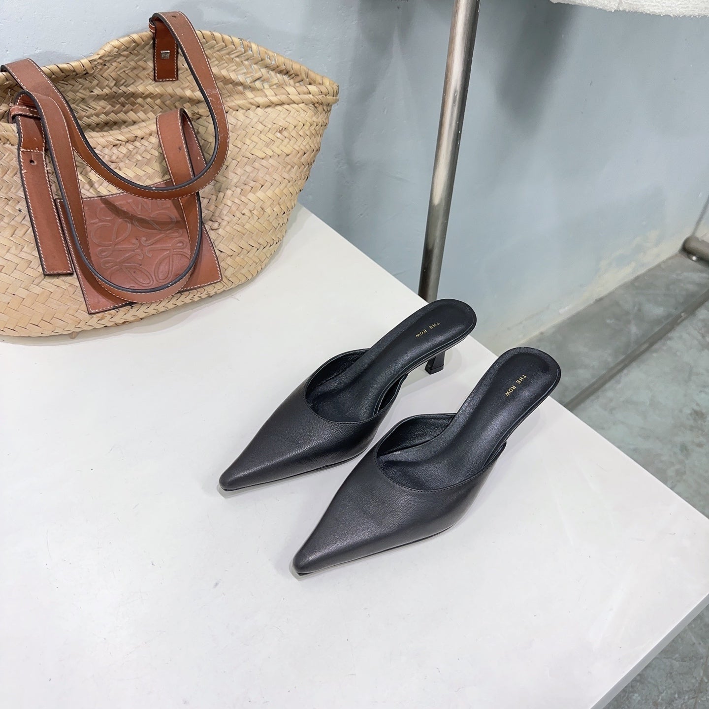THE ROW 26S POINTED TOE MULE HEELS 45MM IN BLACK CALFSKIN