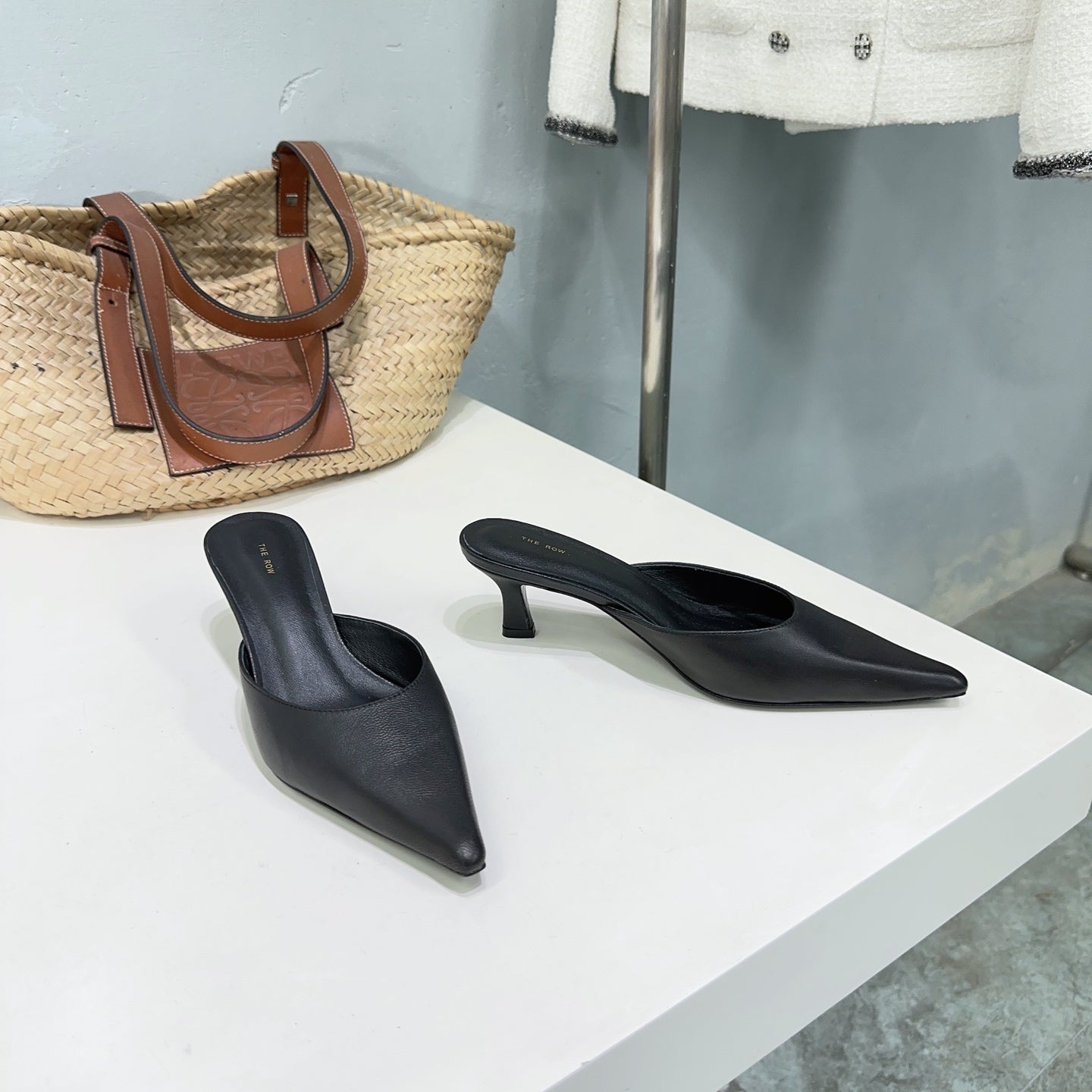 THE ROW 26S POINTED TOE MULE HEELS 45MM IN BLACK CALFSKIN