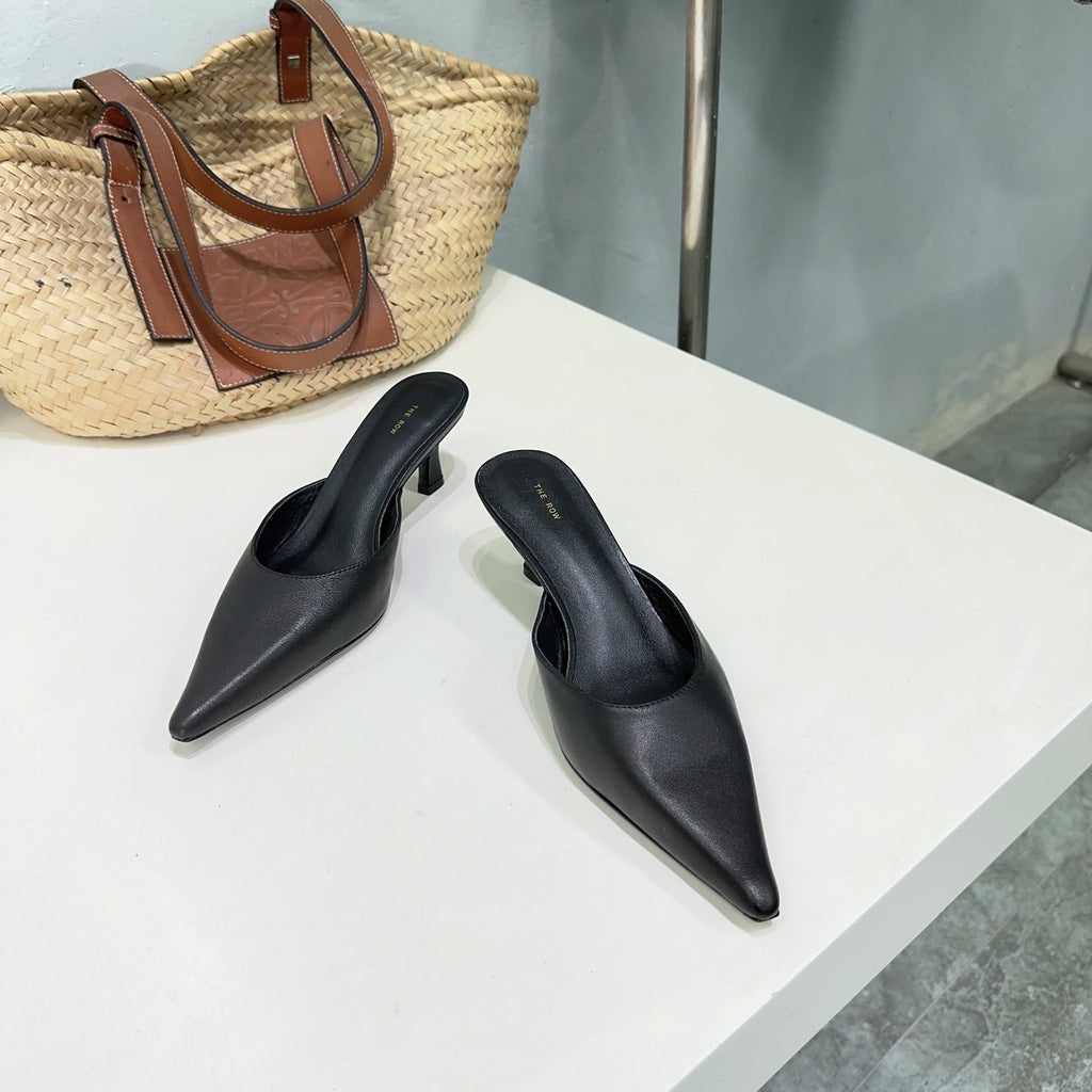 THE ROW 26S POINTED TOE MULE HEELS 45MM IN BLACK CALFSKIN