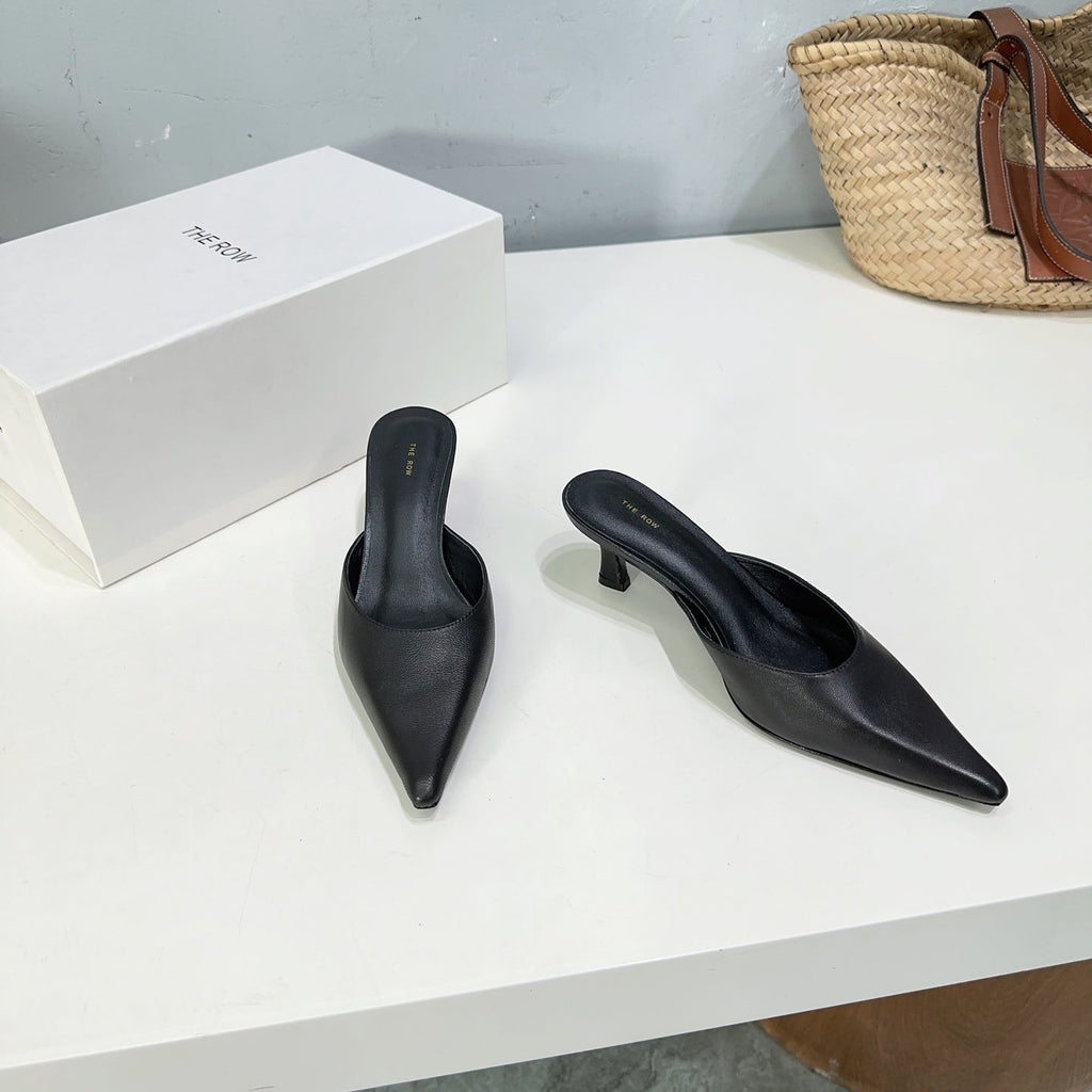 THE ROW 26S POINTED TOE MULE HEELS 45MM IN BLACK CALFSKIN