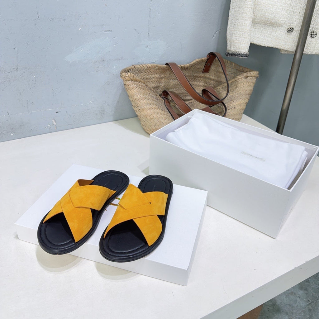 THE ROW 26S SLIDES SANDALS IN GOLD YELLOW SUEDE AND BLACK CALFKIN