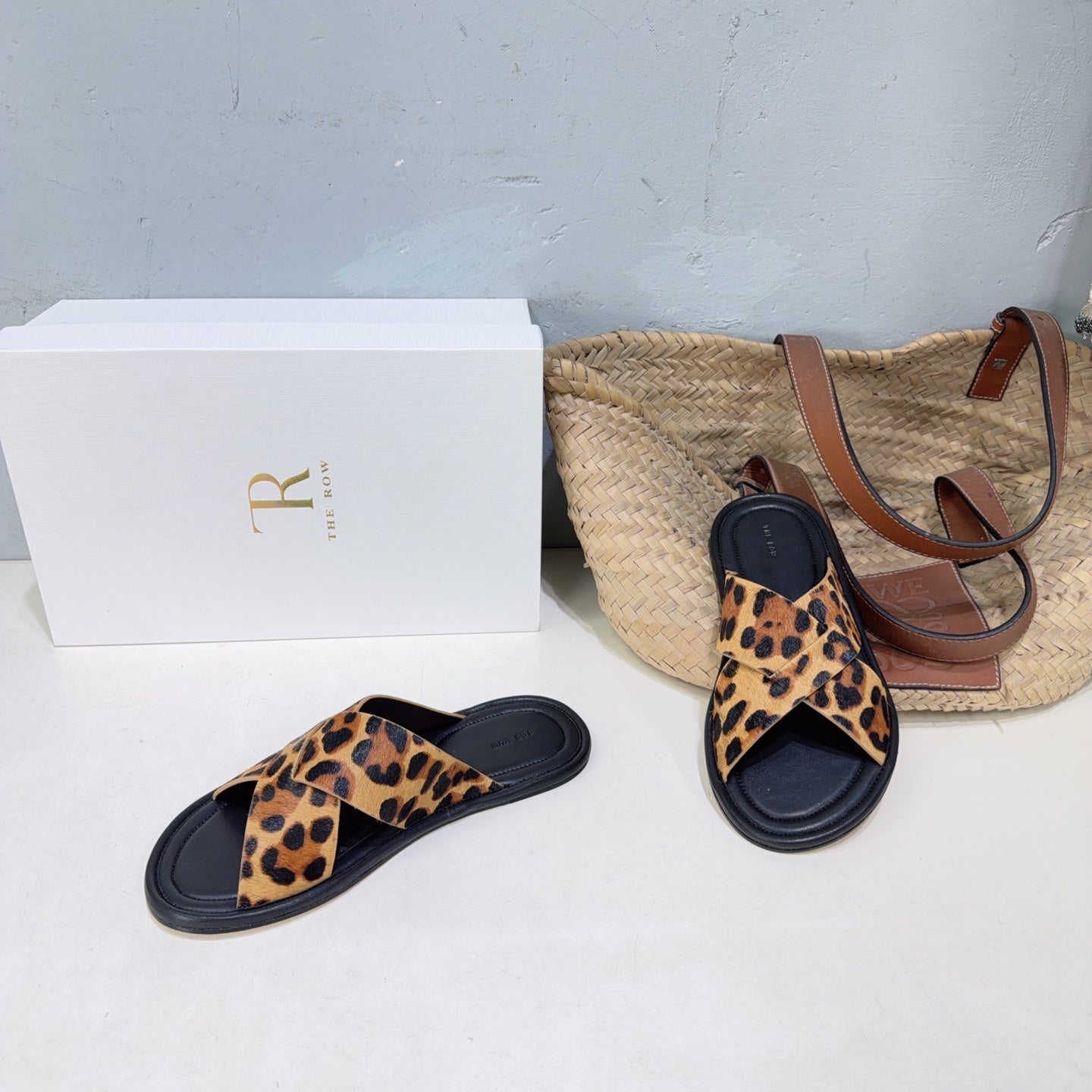 THE ROW 26S SLIDES SANDALS IN LEOPARD CALF HAIR CROSS STRAP