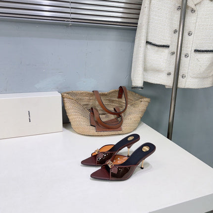 YSL 26S HIGH-HEEL SANDALS 75 MM IN BURGUNDY BROWN LAMBSKIN AND TRANSPARENT STRAPS PVC