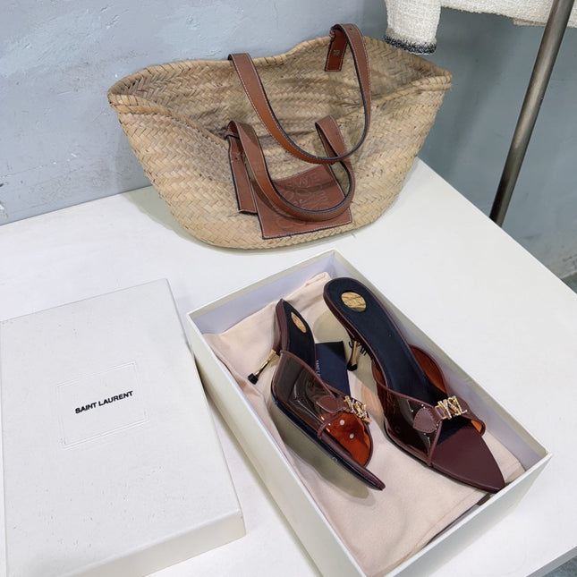YSL 26S HIGH-HEEL SANDALS 75 MM IN BURGUNDY BROWN LAMBSKIN AND TRANSPARENT STRAPS PVC