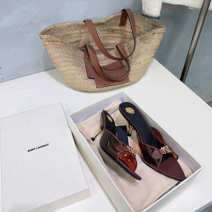 YSL 26S HIGH-HEEL SANDALS 75 MM IN BURGUNDY BROWN LAMBSKIN AND TRANSPARENT STRAPS PVC