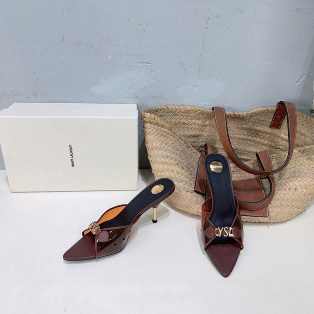 YSL 26S HIGH-HEEL SANDALS 75 MM IN BURGUNDY BROWN LAMBSKIN AND TRANSPARENT STRAPS PVC