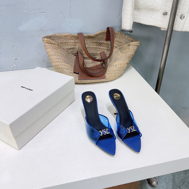YSL 26S HIGH-HEEL SANDALS 75 MM IN NAVY BLUE LAMBSKIN AND TRANSPARENT STRAPS PVC