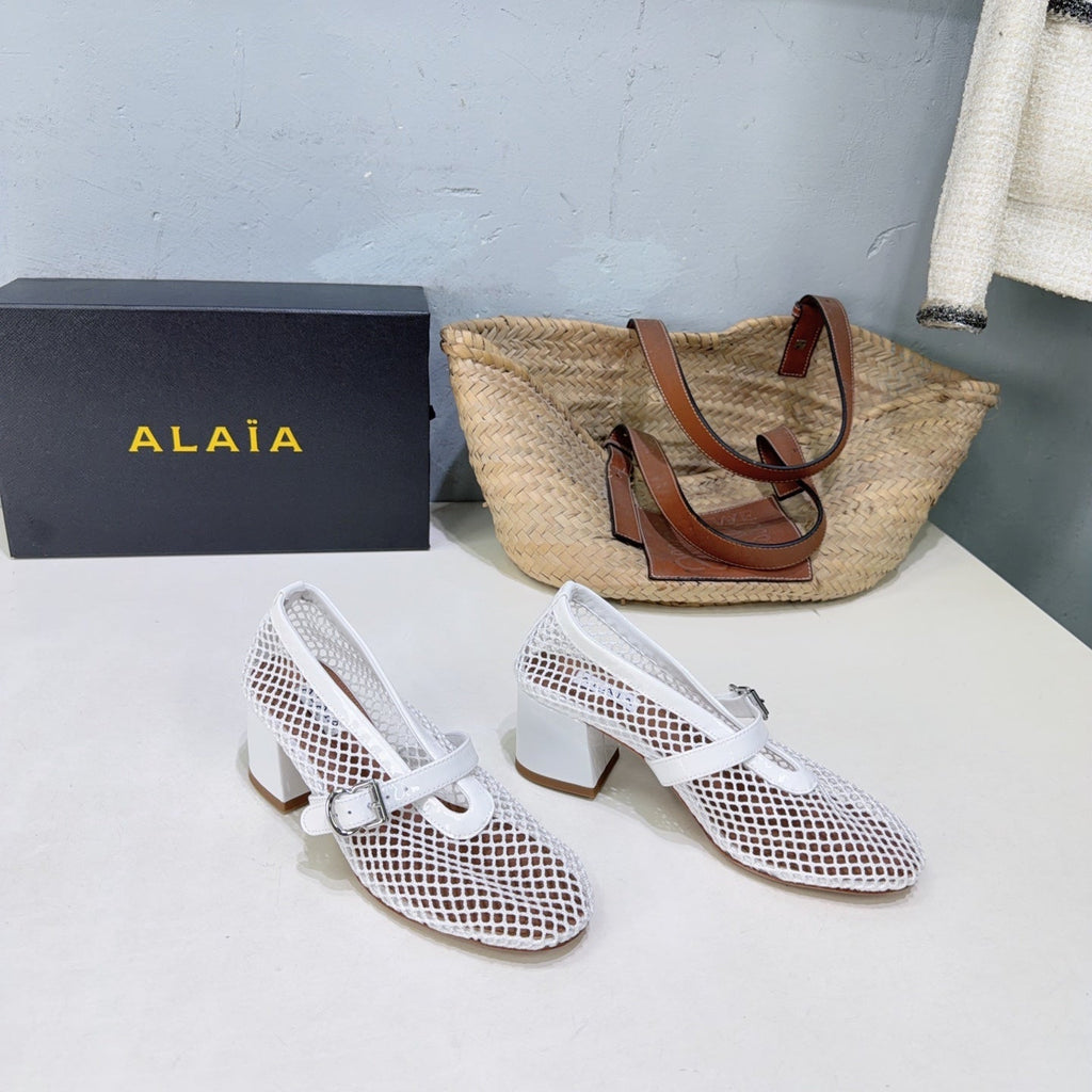 ALAIA 26S HIGH-HEEL MARY JANES 50 MM IN WHITE WOVEN MESH