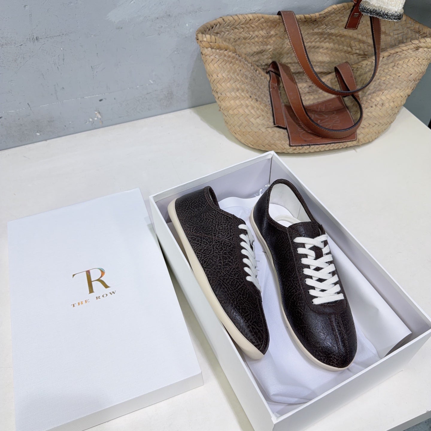 THE ROW 26S LACE-UP SNEAKERS IN DARK BROWN GRAINED CALFSKIN