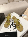 YSL 26S HEELED THONG SANDALS 85 MM IN MOSS GREEN SATIN
