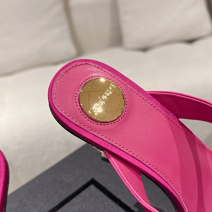 YSL 26S HEELED THONG SANDALS 85 MM IN DARK PINK SATIN
