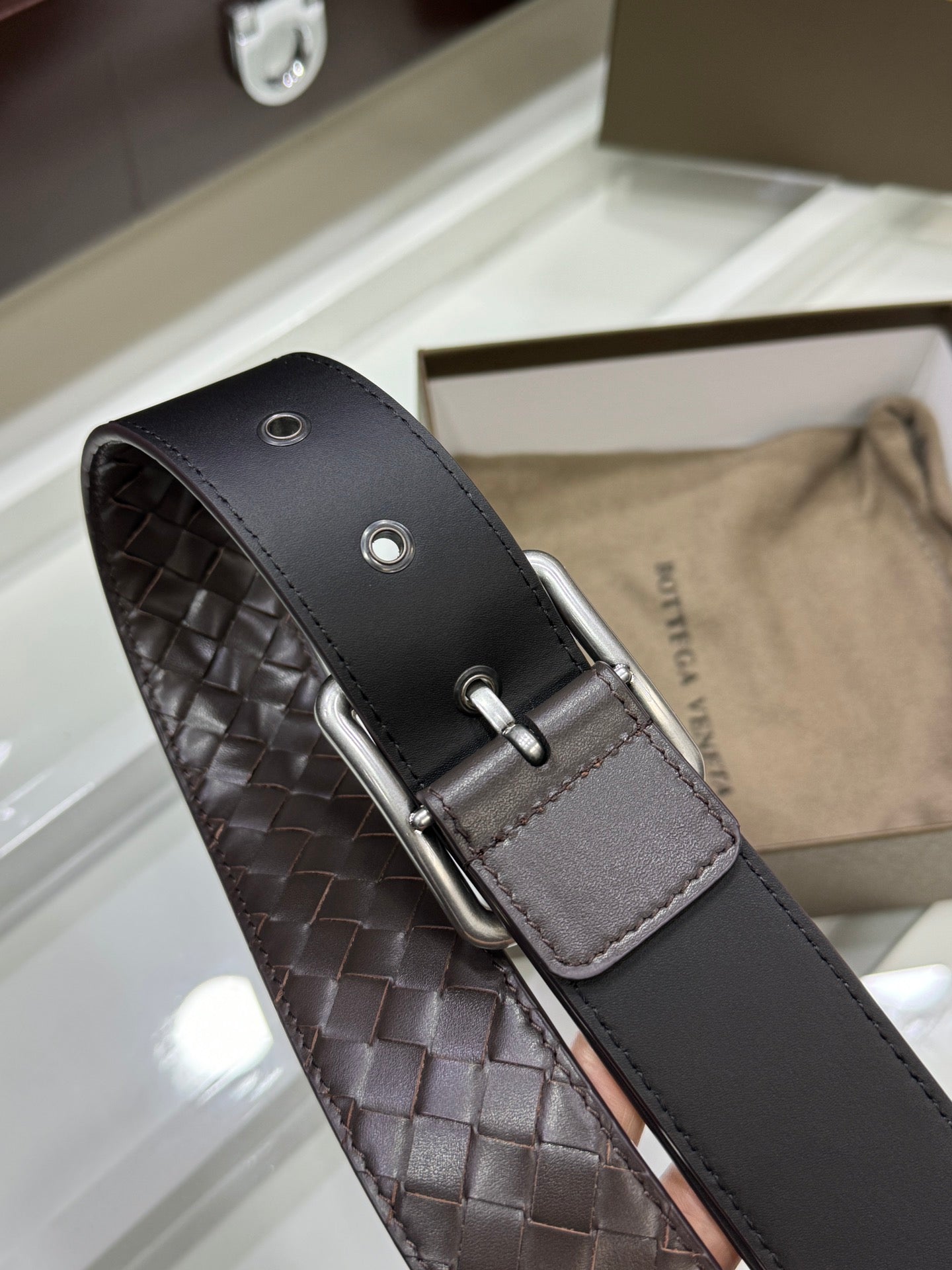 BV BELT 3.8CM IN BROWN CALFSKIN SILVER HARDWARE