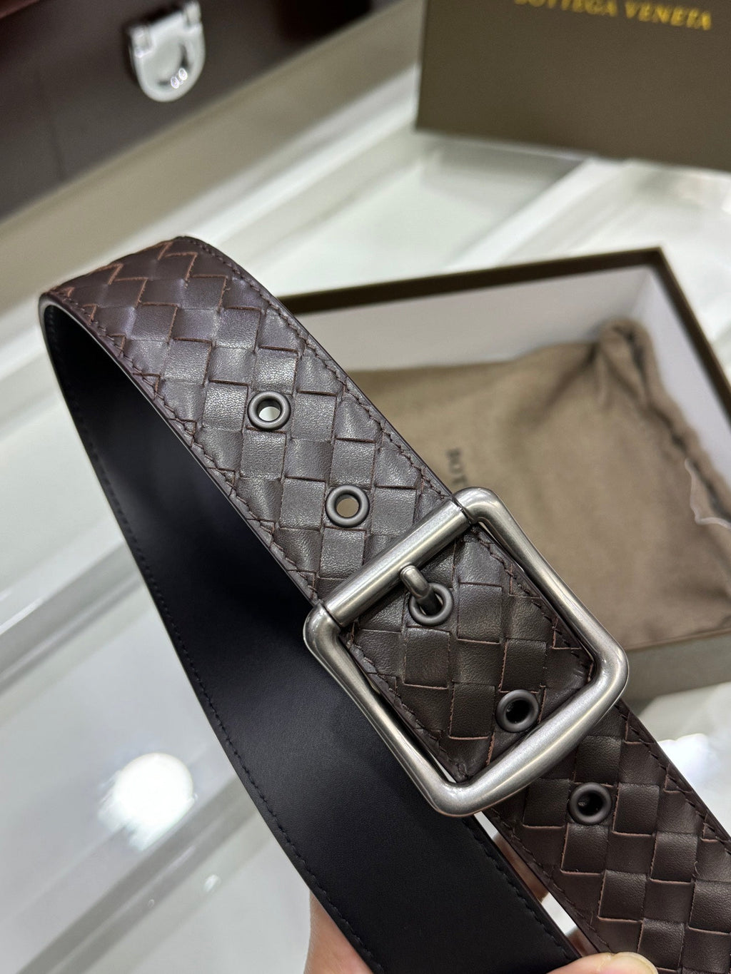 BV BELT 3.8CM IN BROWN CALFSKIN SILVER HARDWARE