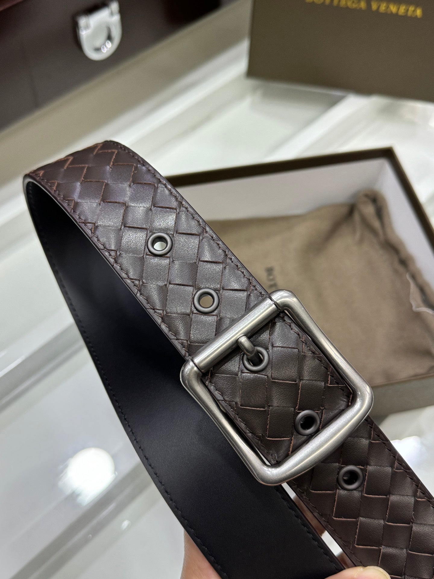BV BELT 3.8CM IN BROWN CALFSKIN SILVER HARDWARE