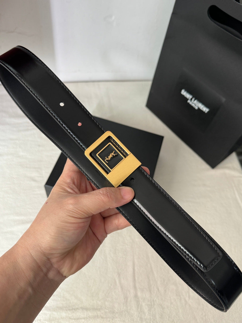 SL 25MM BELT IN BLACK CALFSKIN GOLD HARDWARE 456477