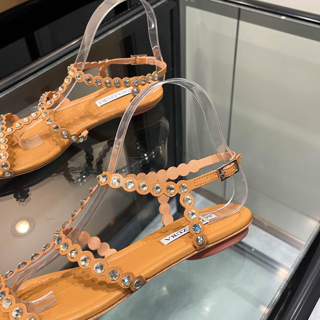 AQUAZZURA 26S FLAT SANDALS IN CAMEL CALFSKIN CRYSTAL EMBELLISHED