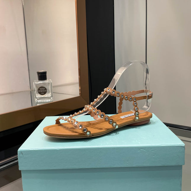 AQUAZZURA 26S FLAT SANDALS IN CAMEL CALFSKIN CRYSTAL EMBELLISHED