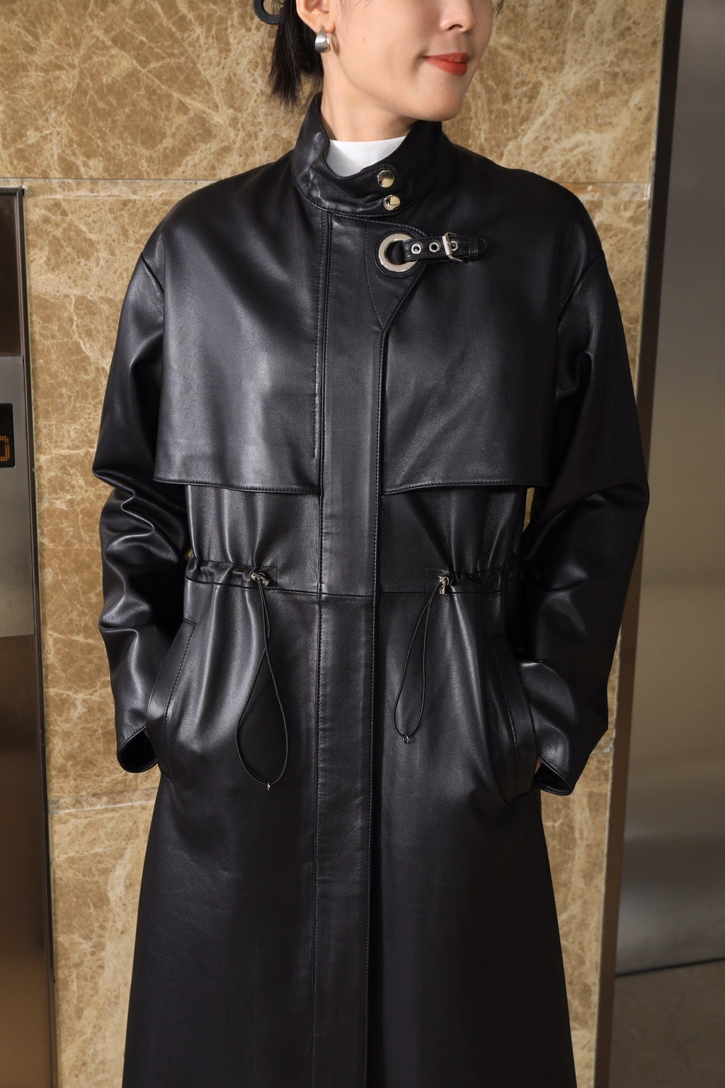 HERMES 25S LONG LEATHER JACKET WITH DRAWSTRING WAIST 170