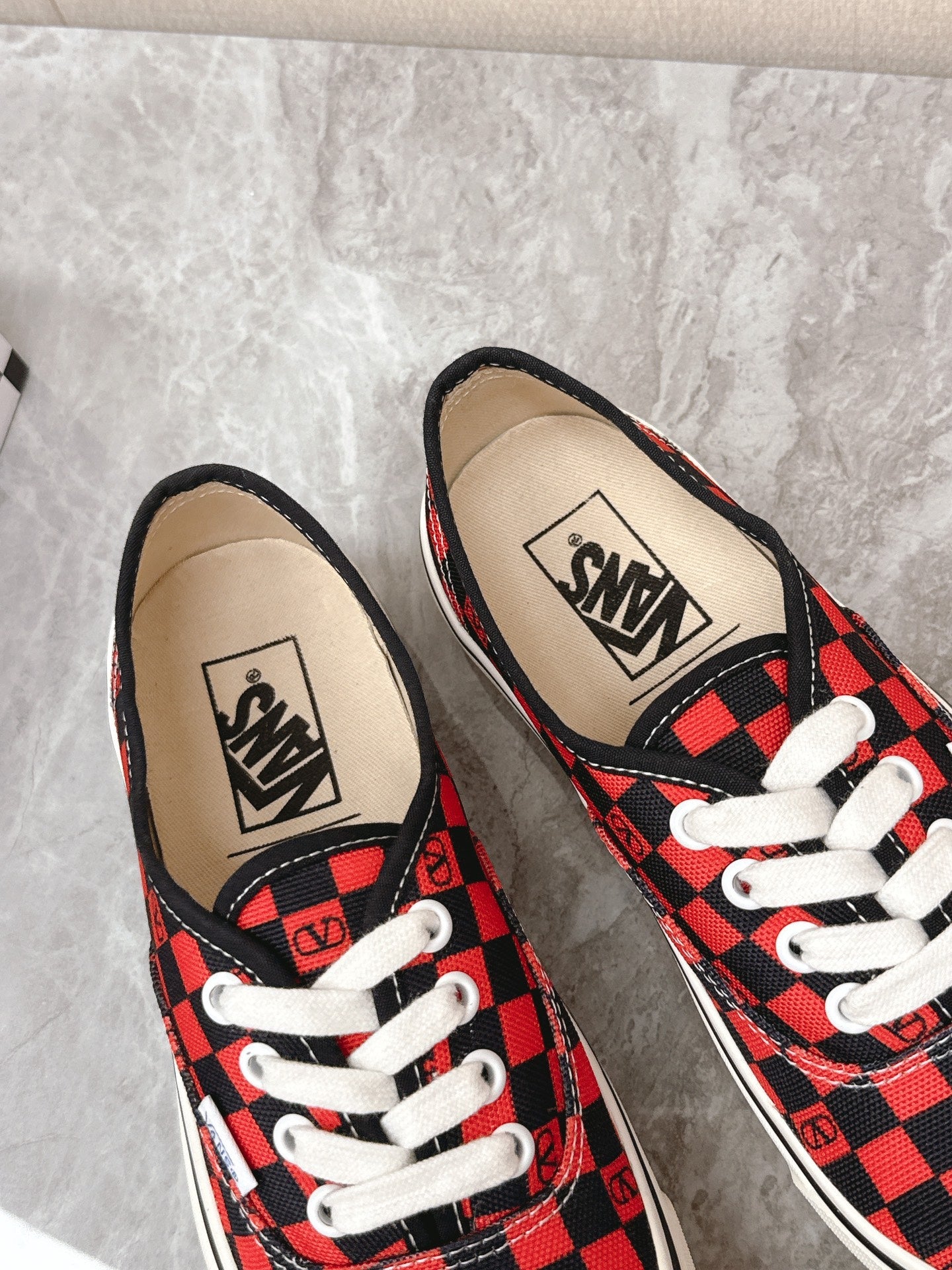 VALENTINO 25S GARAVANI X VANS SNEAKERS IN RED MIX BLACK CANVAS