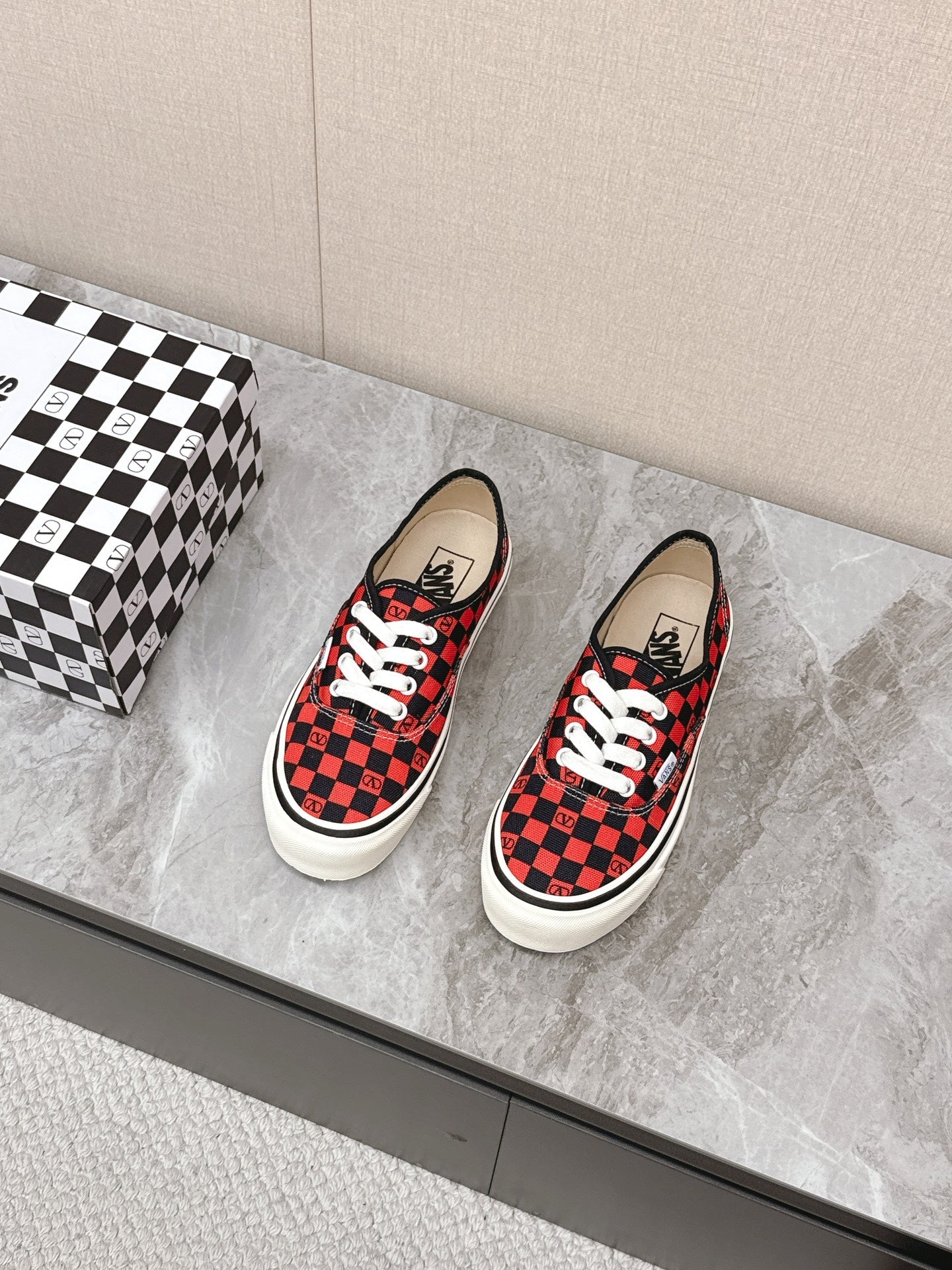VALENTINO 25S GARAVANI X VANS SNEAKERS IN RED MIX BLACK CANVAS