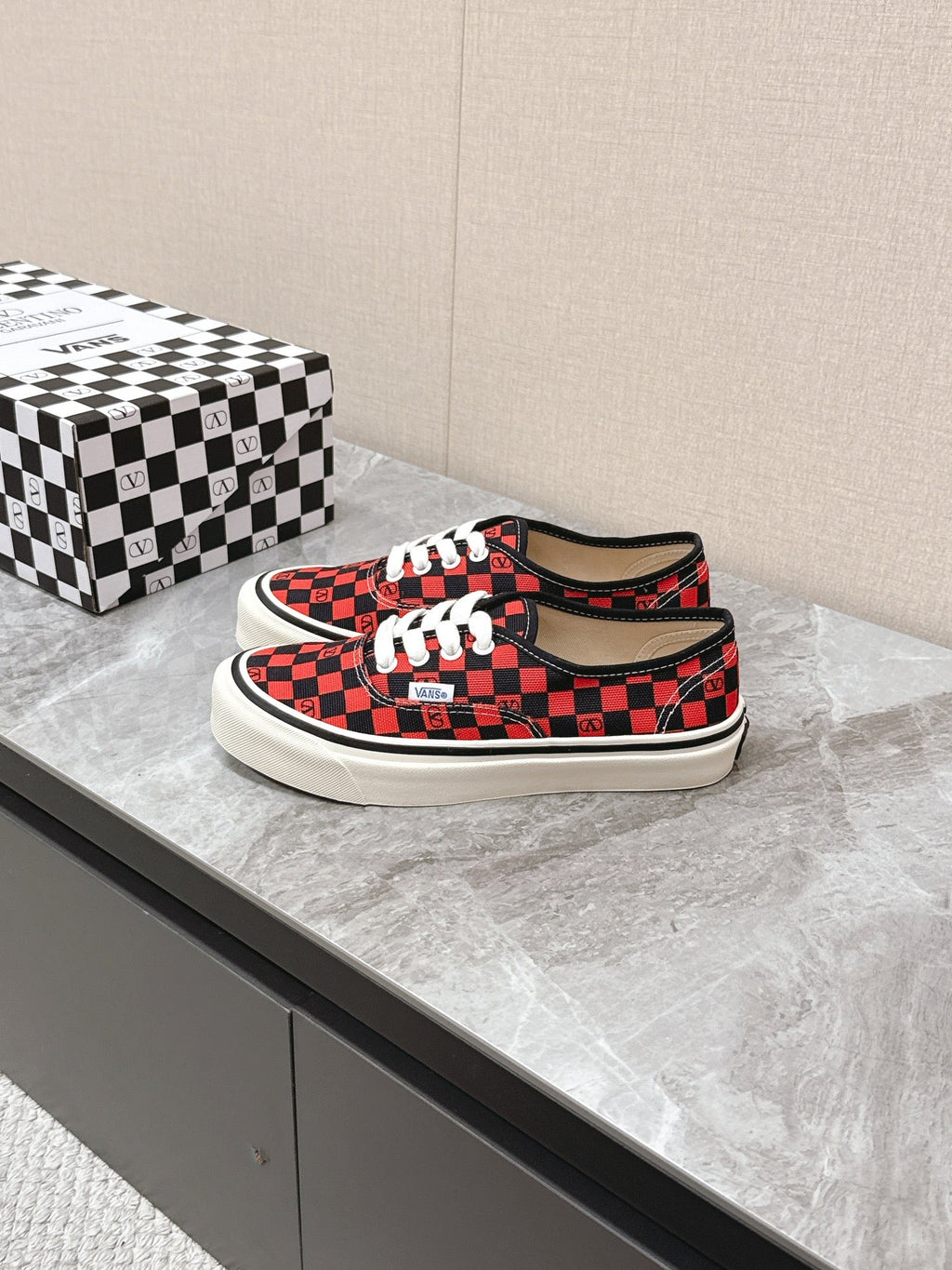 VALENTINO 25S GARAVANI X VANS SNEAKERS IN RED MIX BLACK CANVAS