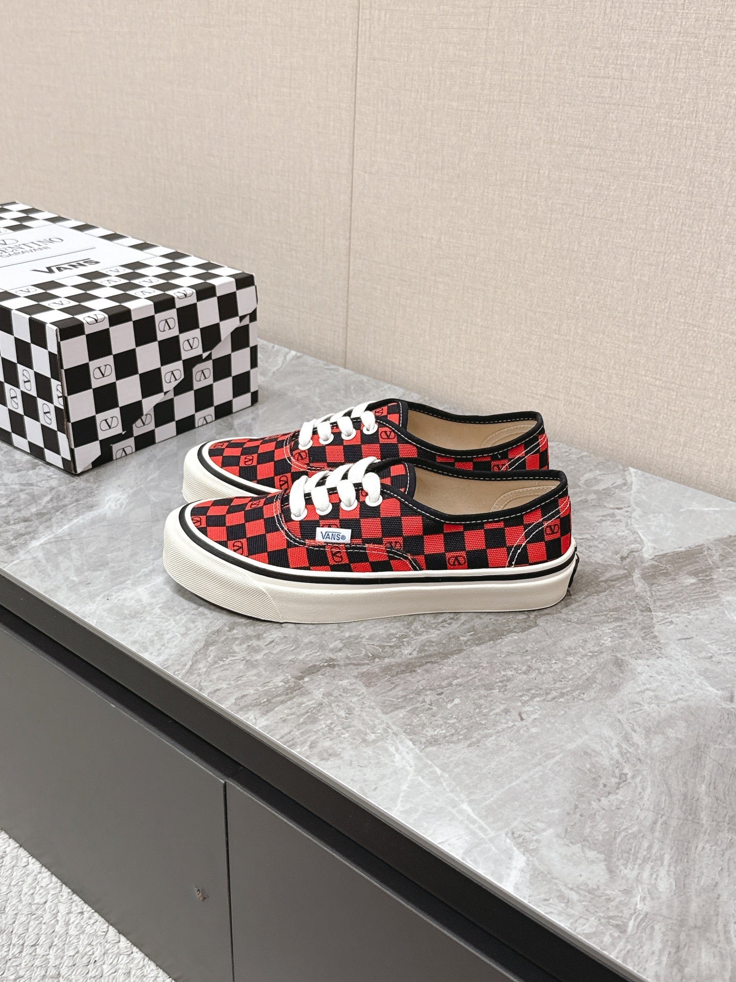 VALENTINO 25S GARAVANI X VANS SNEAKERS IN RED MIX BLACK CANVAS