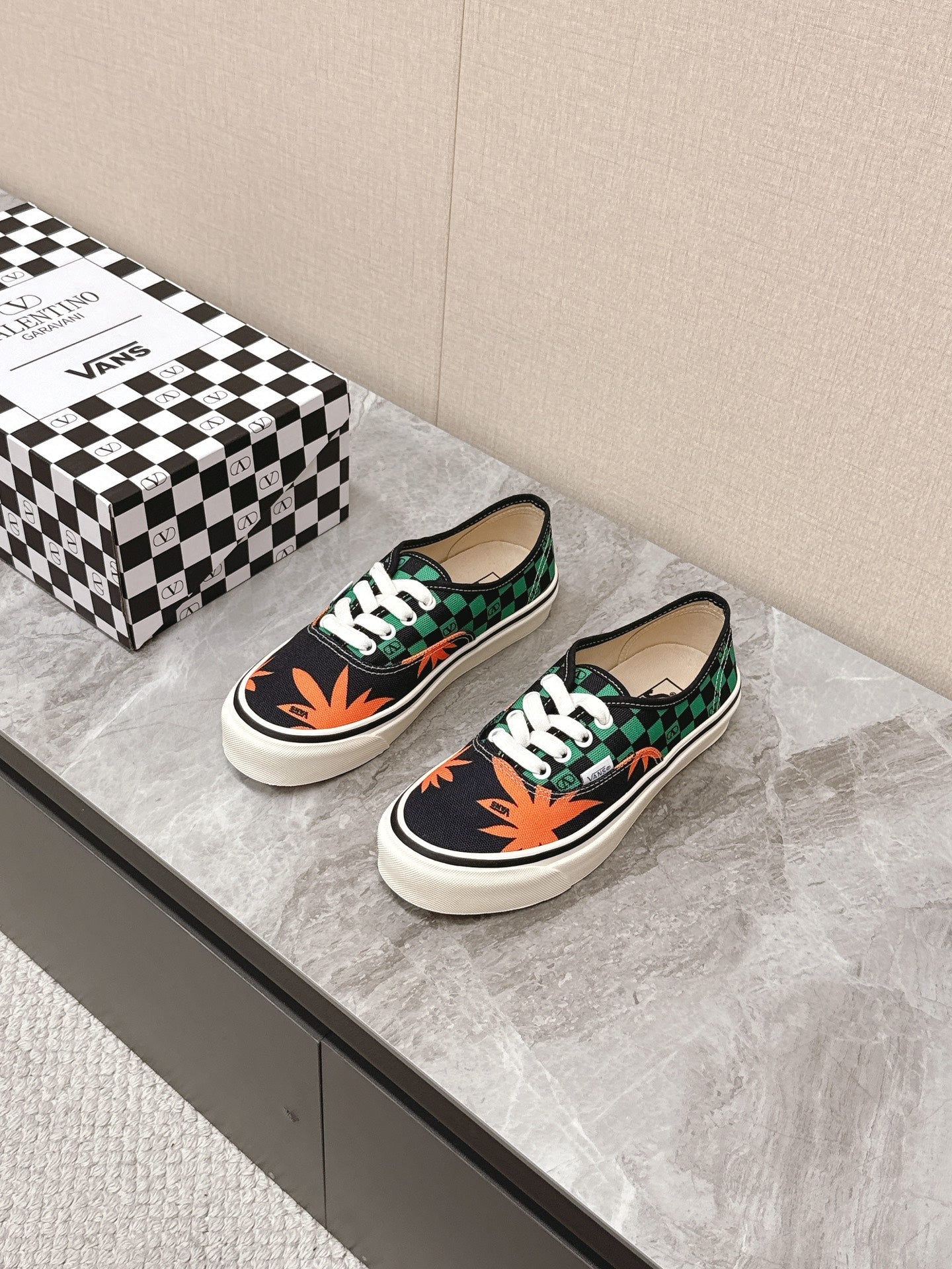 VALENTINO 25S GARAVANI X VANS SNEAKERS IN GREEN MIX BLACK CANVAS